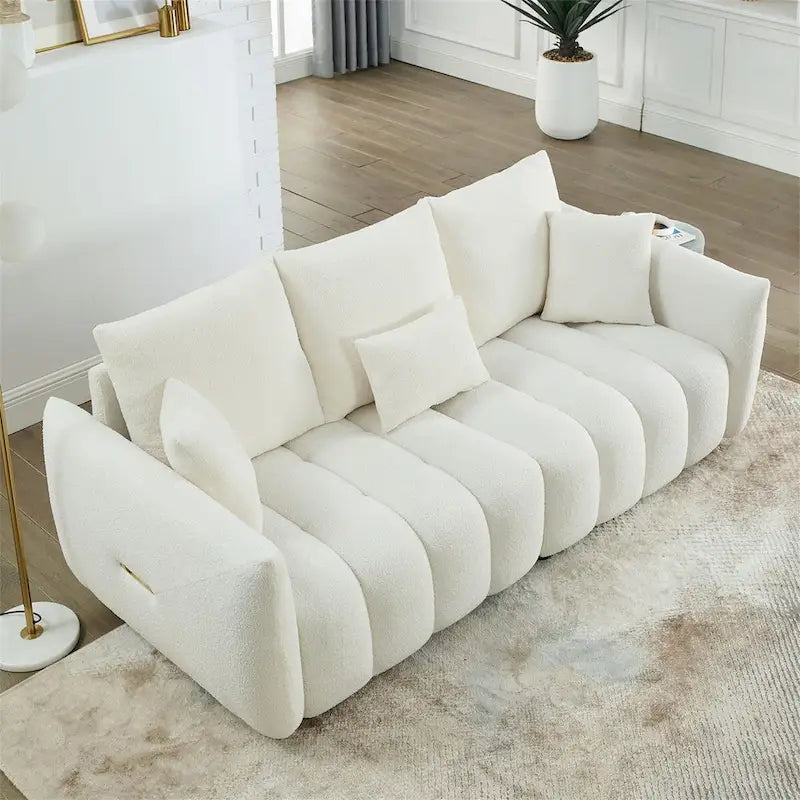 Teddy-Stoffsofa mit 3 Kissen und Massivholzrahmen