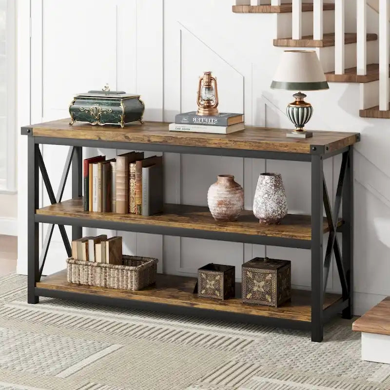 Mesa consola estrecha de 3 niveles con estructura metálica, 47.2 pulgadas