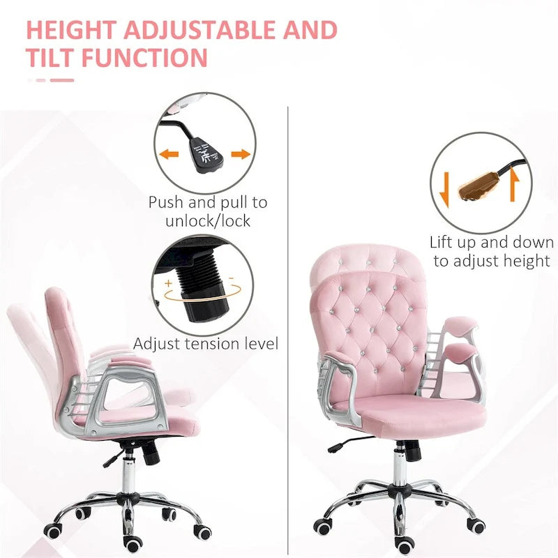 Silla de oficina tapizada en terciopelo con reposabrazos acolchados y ruedas