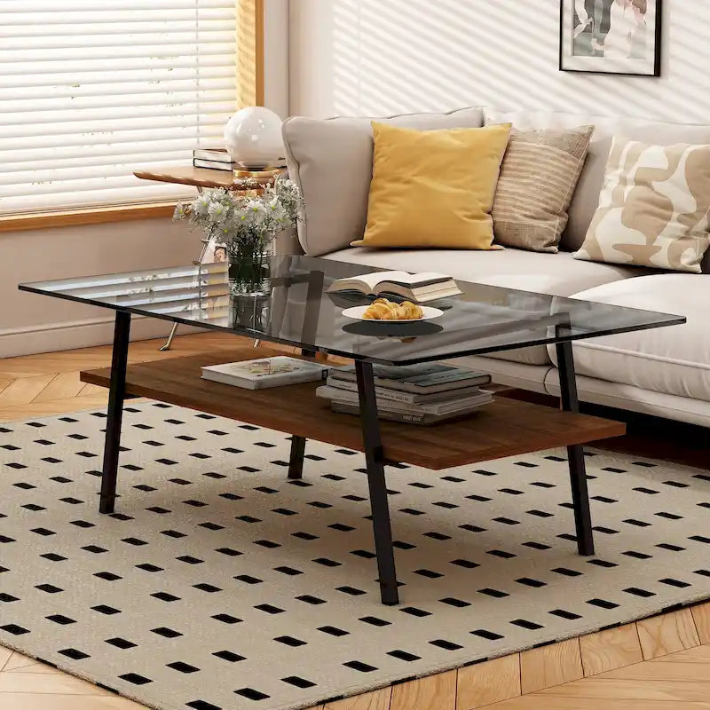 Rechteckiger Couchtisch mit Platte aus gehärtetem Glas und Metallbeinen, 38.58" L x 22.84" W x 16.73" H