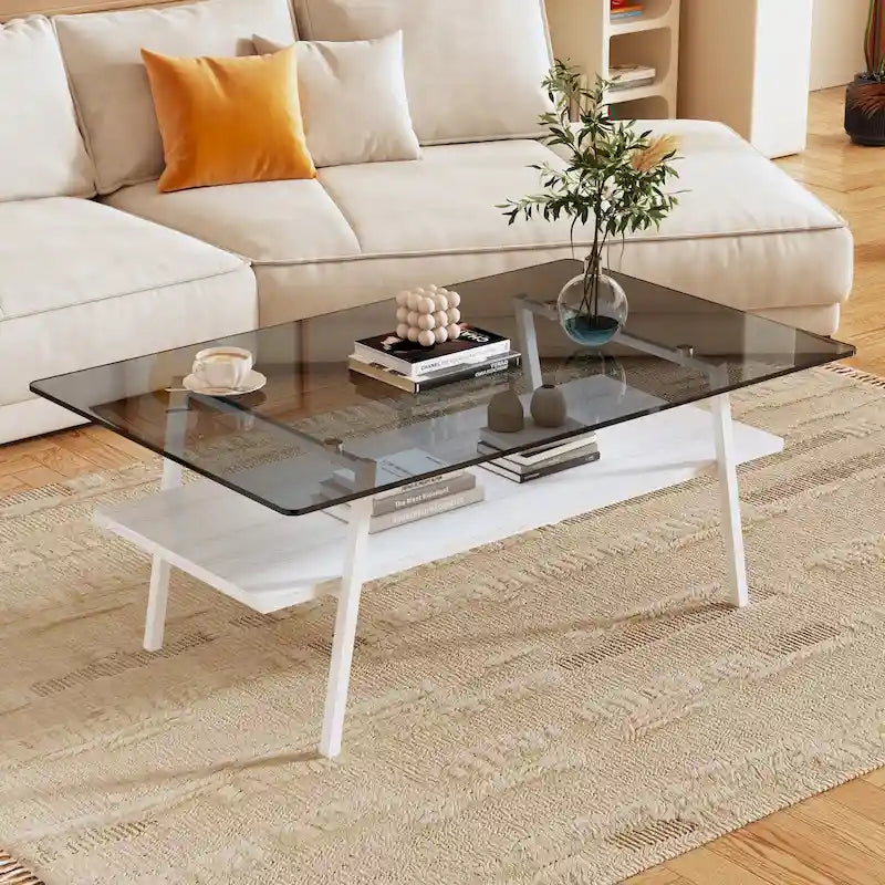 Rechteckiger Couchtisch mit Platte aus gehärtetem Glas und Metallbeinen, 38.58" L x 22.84" W x 16.73" H