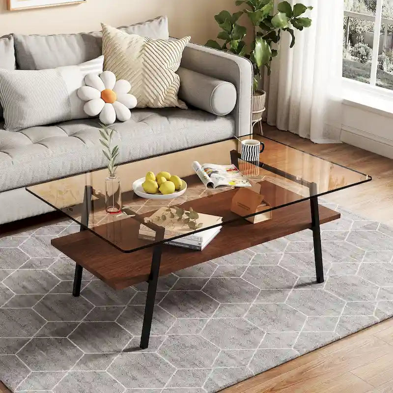 Rechteckiger Couchtisch mit Platte aus gehärtetem Glas und Metallbeinen, 38.58" L x 22.84" W x 16.73" H