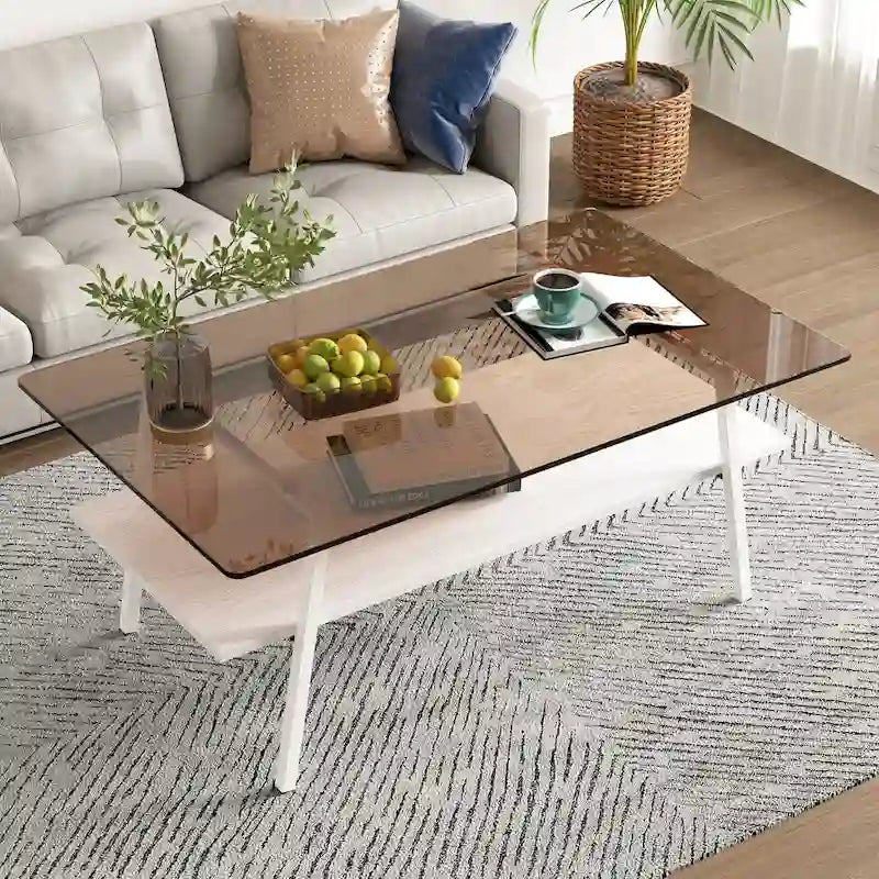 Tavolino da caffè rettangolare con piano in vetro temperato e gambe in metallo, 38.58" L x 22.84" W x 16.73" H