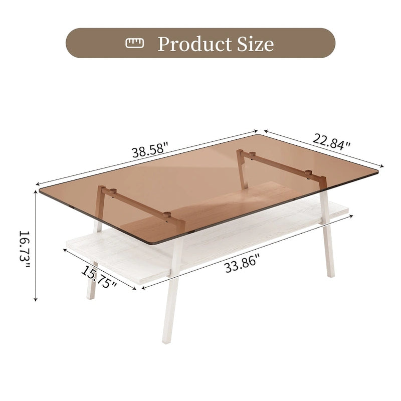 Tavolino da caffè rettangolare con piano in vetro temperato e gambe in metallo, 38.58" L x 22.84" W x 16.73" H