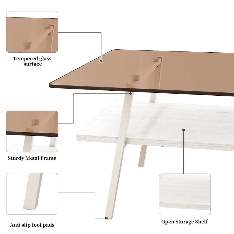 Tavolino da caffè rettangolare con piano in vetro temperato e gambe in metallo, 38.58" L x 22.84" W x 16.73" H