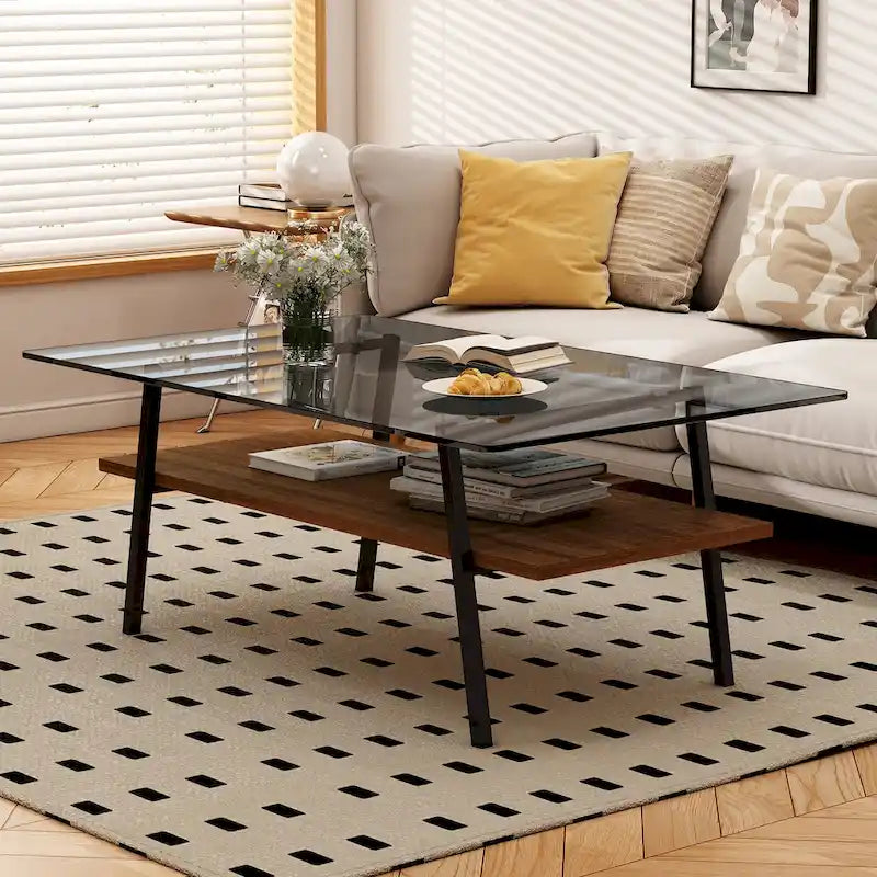 Tavolino da caffè rettangolare con piano in vetro temperato e gambe in metallo, 38.58" L x 22.84" W x 16.73" H