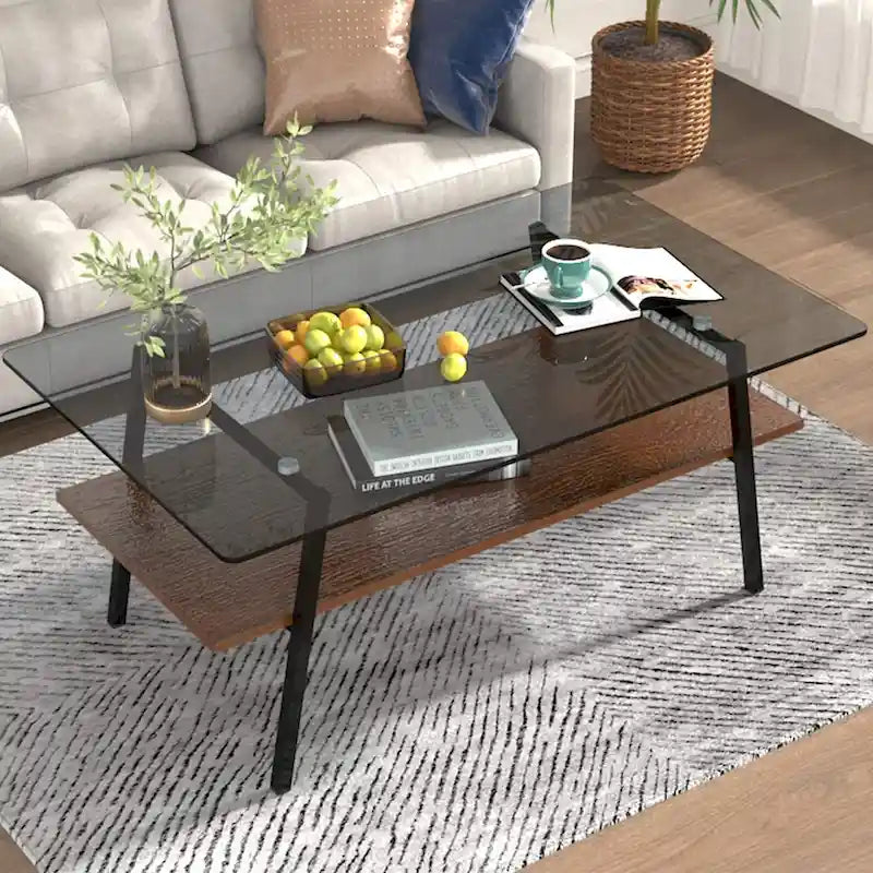Tavolino da caffè rettangolare con piano in vetro temperato e gambe in metallo, 38.58" L x 22.84" W x 16.73" H