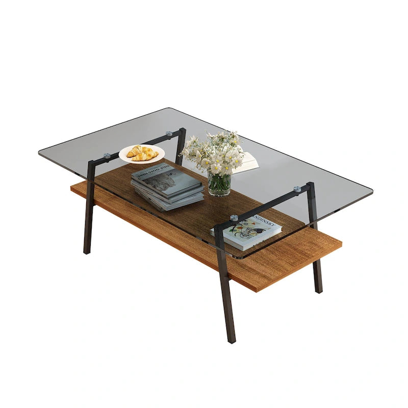 Tavolino da caffè rettangolare con piano in vetro temperato e gambe in metallo, 38.58" L x 22.84" W x 16.73" H