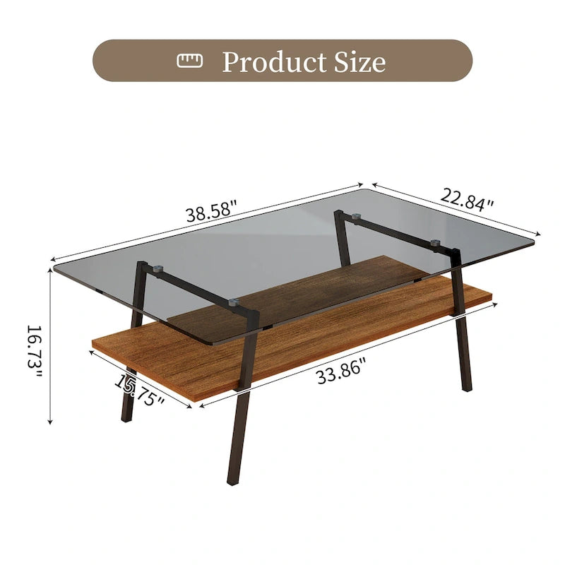 Tavolino da caffè rettangolare con piano in vetro temperato e gambe in metallo, 38.58" L x 22.84" W x 16.73" H