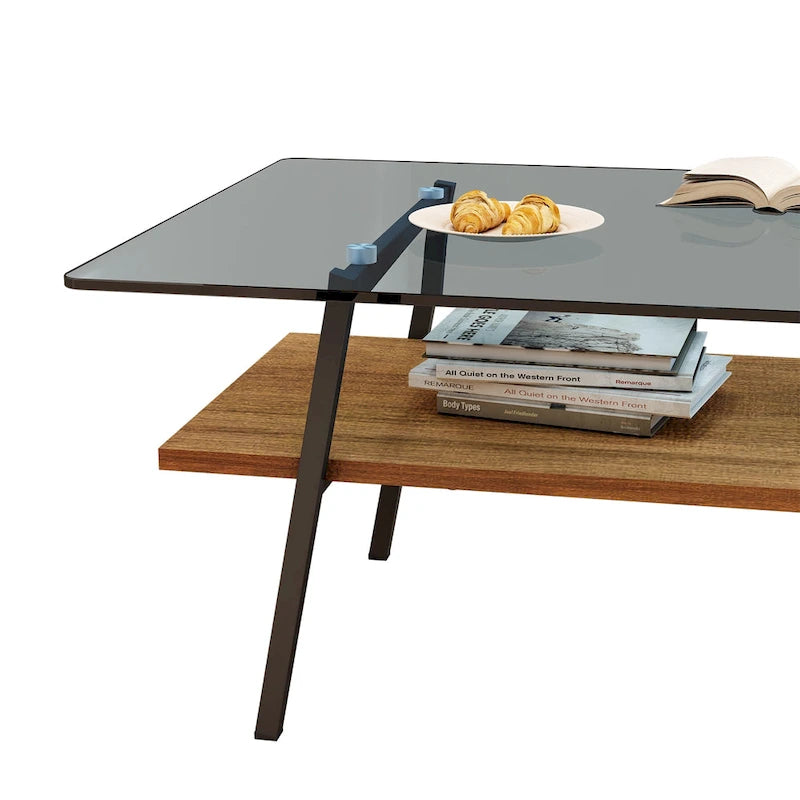 Tavolino da caffè rettangolare con piano in vetro temperato e gambe in metallo, 38.58" L x 22.84" W x 16.73" H