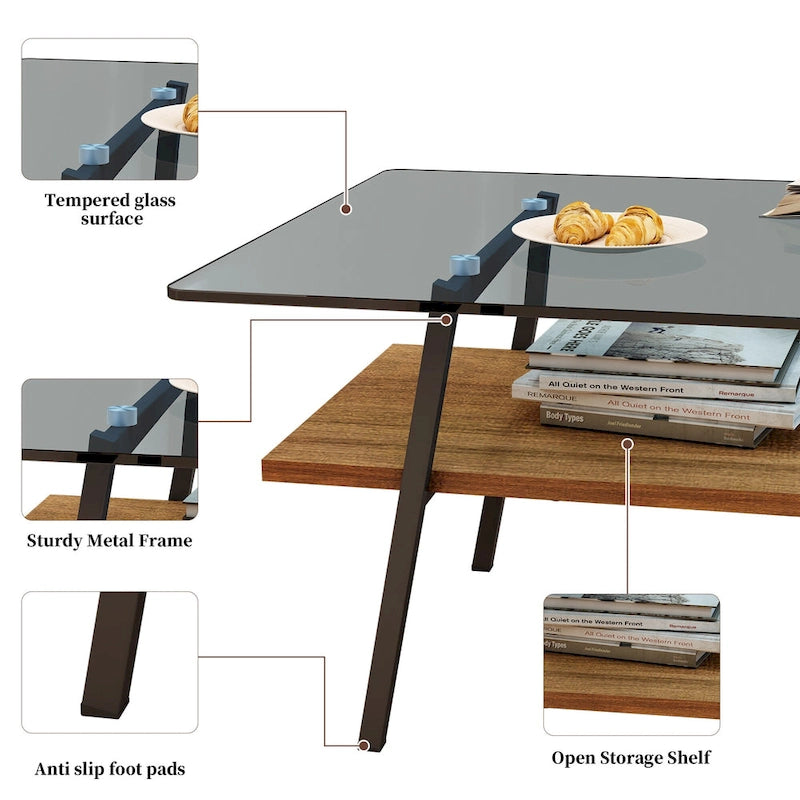 Tavolino da caffè rettangolare con piano in vetro temperato e gambe in metallo, 38.58" L x 22.84" W x 16.73" H