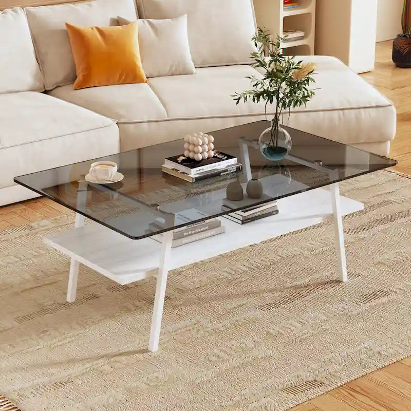 Tavolino da caffè rettangolare con piano in vetro temperato e gambe in metallo, 38.58" L x 22.84" W x 16.73" H