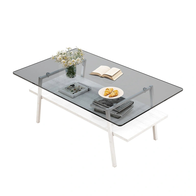Tavolino da caffè rettangolare con piano in vetro temperato e gambe in metallo, 38.58" L x 22.84" W x 16.73" H