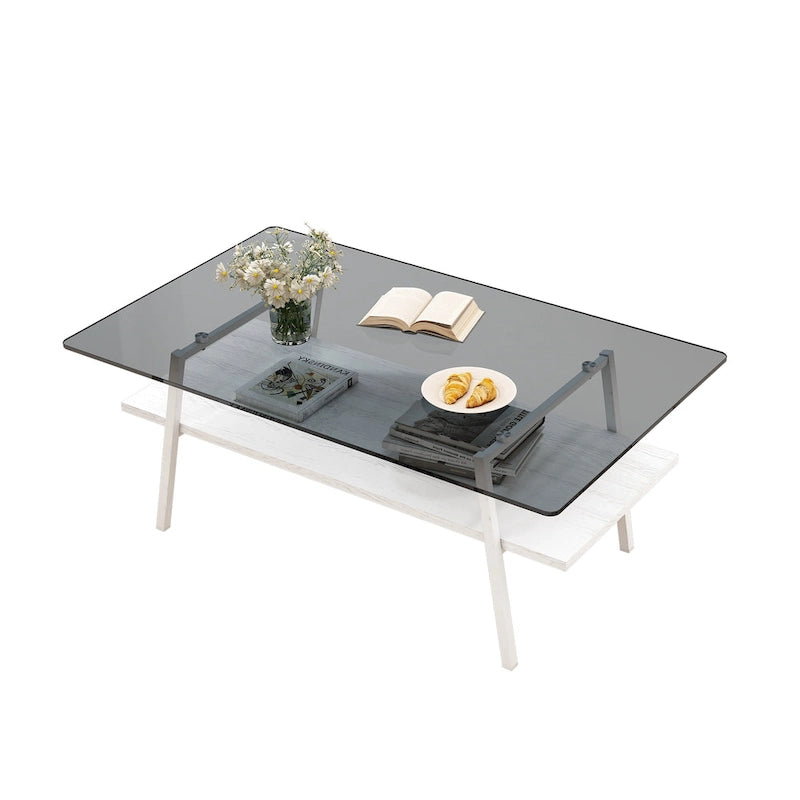 Tavolino da caffè rettangolare con piano in vetro temperato e gambe in metallo, 38.58" L x 22.84" W x 16.73" H