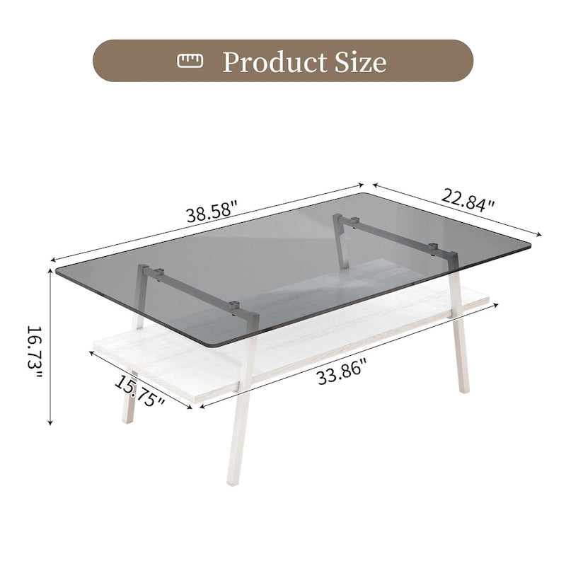 Tavolino da caffè rettangolare con piano in vetro temperato e gambe in metallo, 38.58" L x 22.84" W x 16.73" H