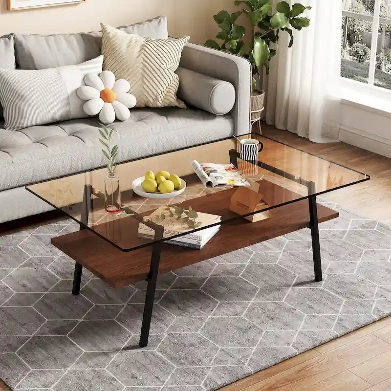 Tavolino da caffè rettangolare con piano in vetro temperato e gambe in metallo, 38.58" L x 22.84" W x 16.73" H