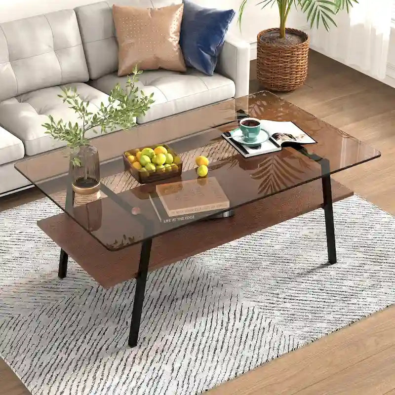 Tavolino da caffè rettangolare con piano in vetro temperato e gambe in metallo, 38.58" L x 22.84" W x 16.73" H