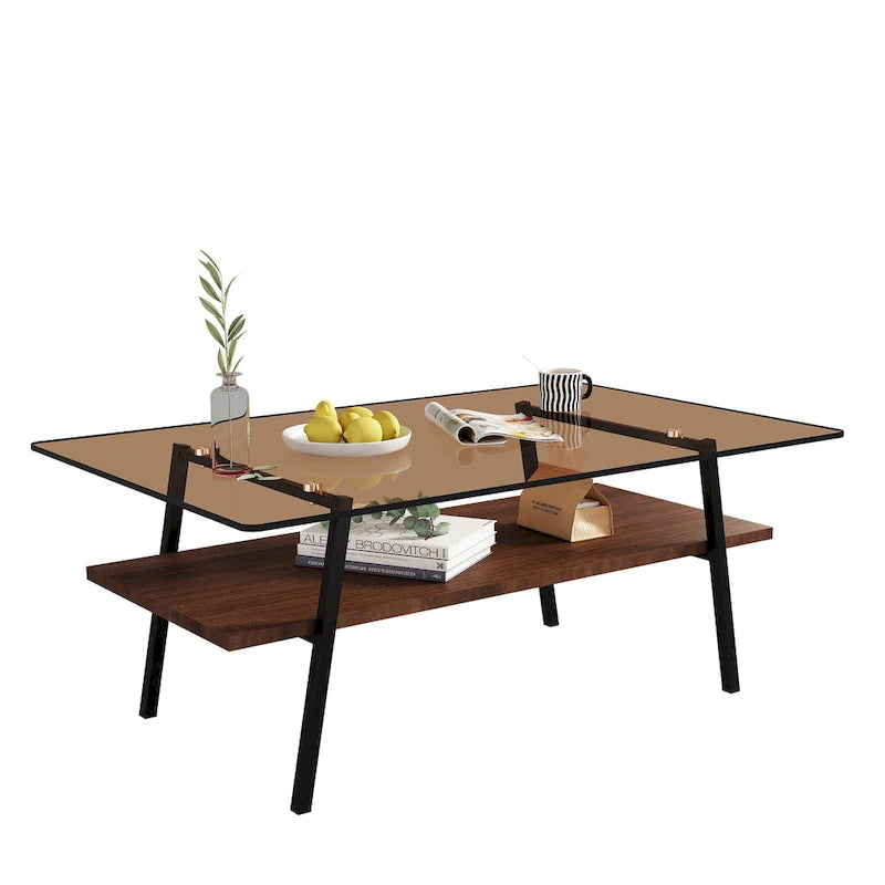 Tavolino da caffè rettangolare con piano in vetro temperato e gambe in metallo, 38.58" L x 22.84" W x 16.73" H