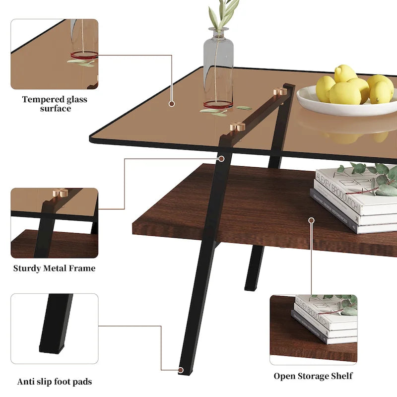 Tavolino da caffè rettangolare con piano in vetro temperato e gambe in metallo, 38.58" L x 22.84" W x 16.73" H