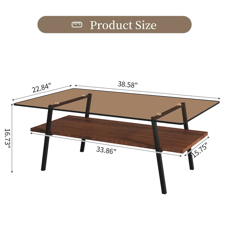 Tavolino da caffè rettangolare con piano in vetro temperato e gambe in metallo, 38.58" L x 22.84" W x 16.73" H